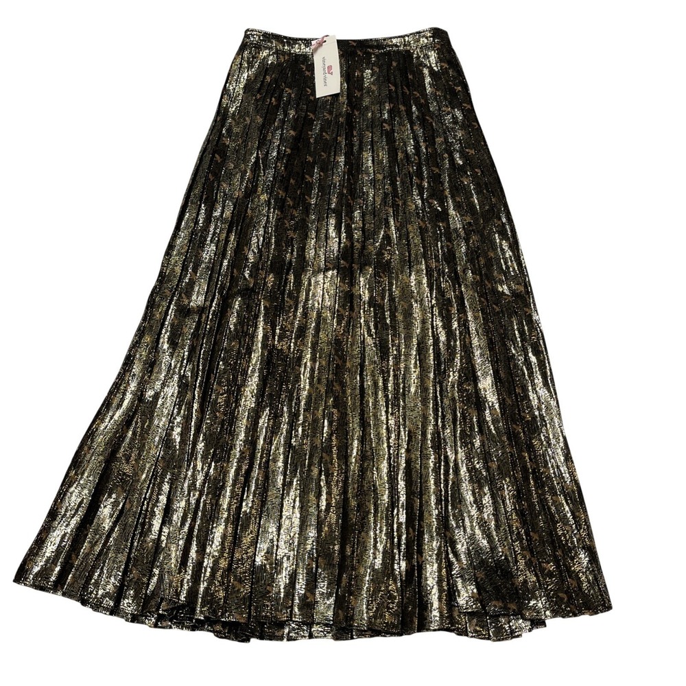 Vineyard Vines Skirt Pleated Flying‎ Peasant Midi Size XS Gold Black Metallic